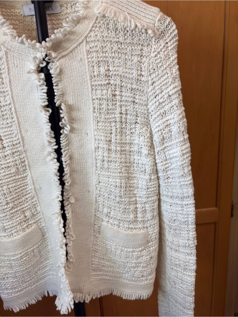 INTERMIX Cream Ivory Fringe Tweed Knit Jacket Collarless Open Front Small Size 2 - Picture 7 of 16